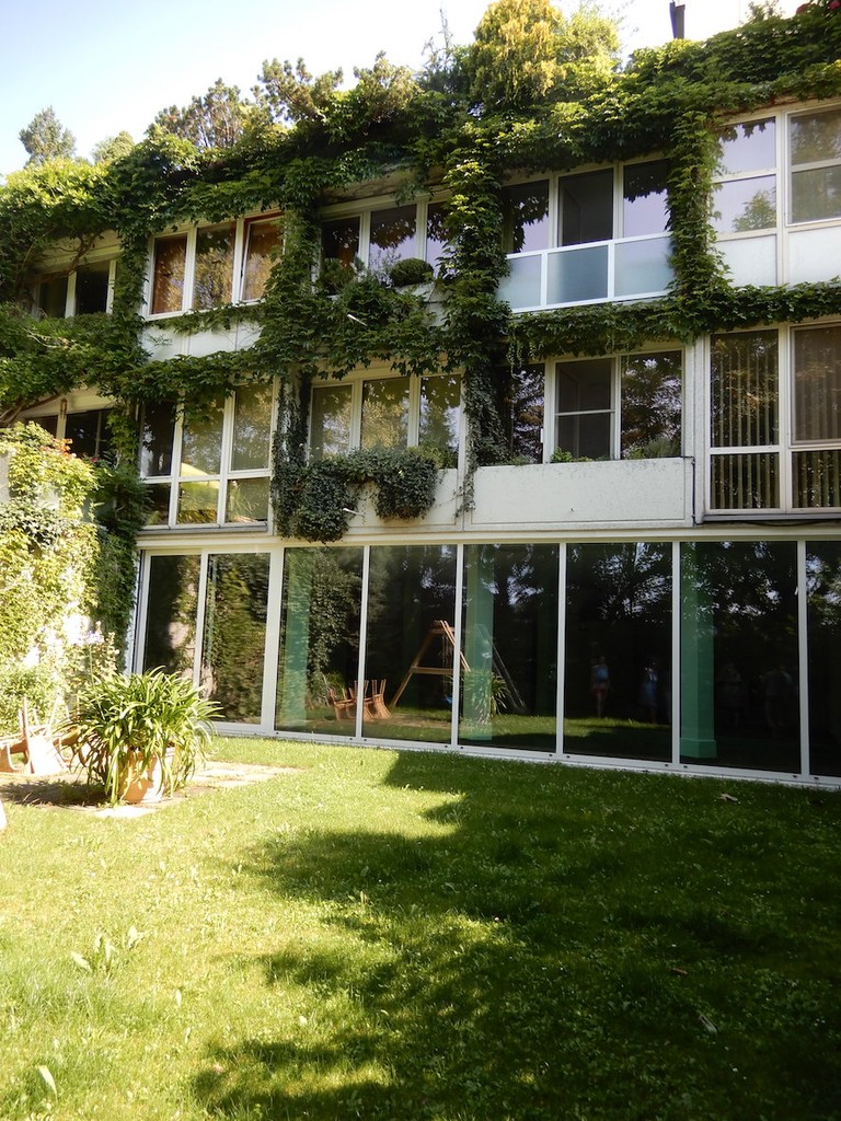 Mit Efeu bewachsene Hausfassade mit großen Glasfenstern